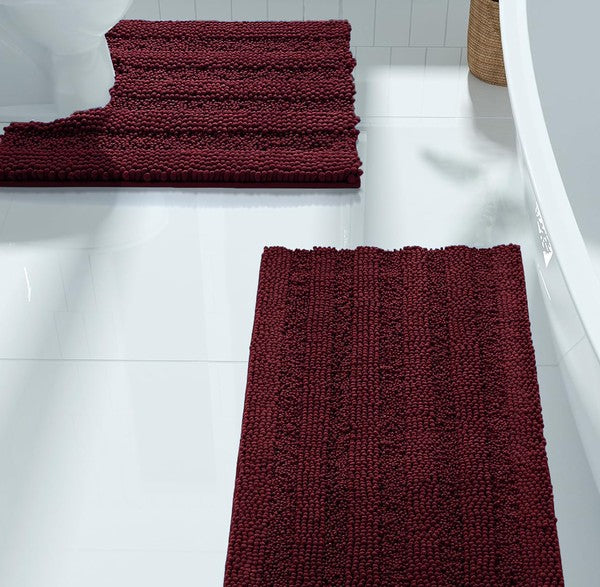 2PC Burgundy Soft Cozy Plush Chenille Bath Mat Set